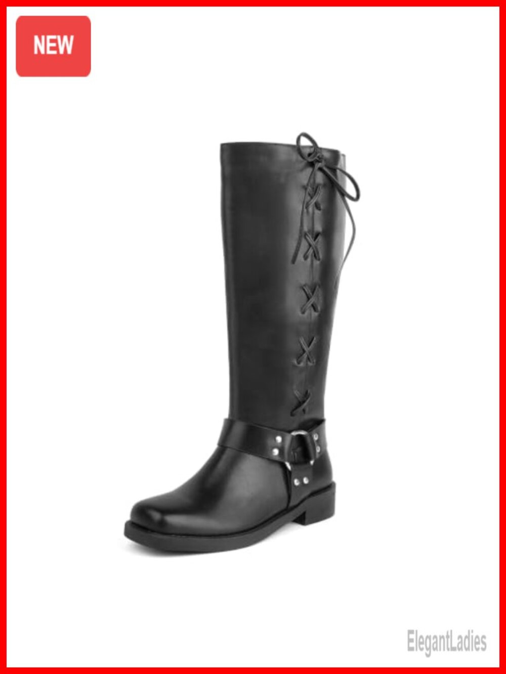Faux Leather Square Toe Knee High Motorcycle Boots Pull-On Biker